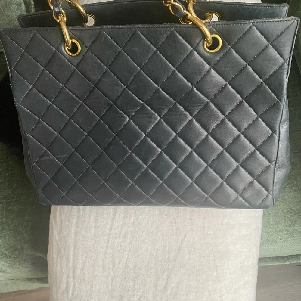 Chanel Black Lambskin Quilted Large Tote Bag with Gold Chain & Leather Handles